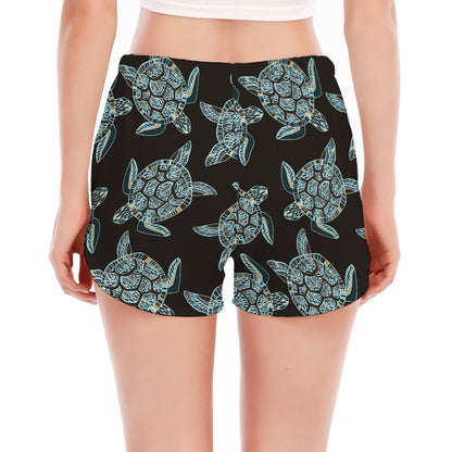 Blue And Black Sea Turtle Pattern Print Women's Split Running Shorts