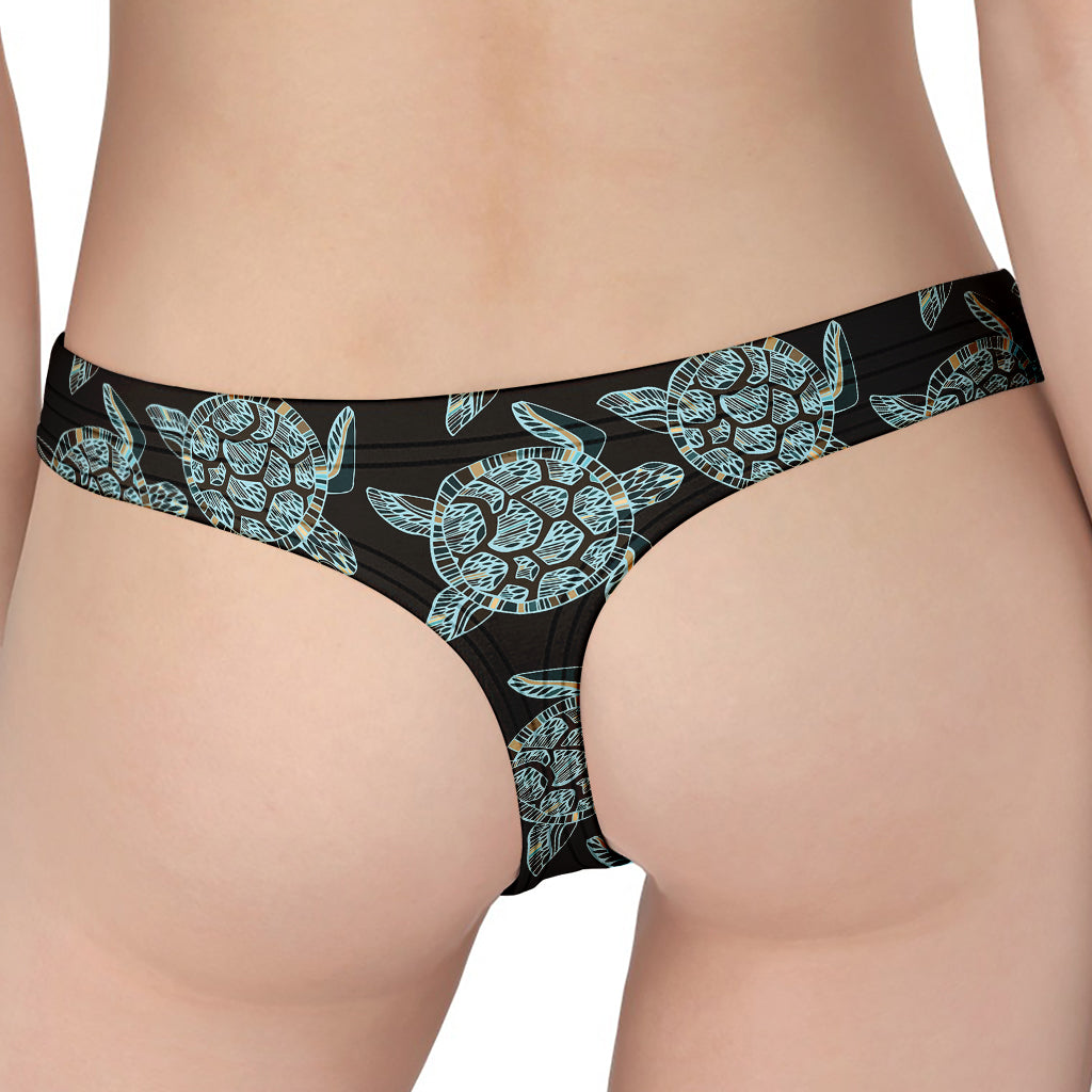 Blue And Black Sea Turtle Pattern Print Women's Thong