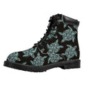 Blue And Black Sea Turtle Pattern Print Padded Collar Lace Up Boots