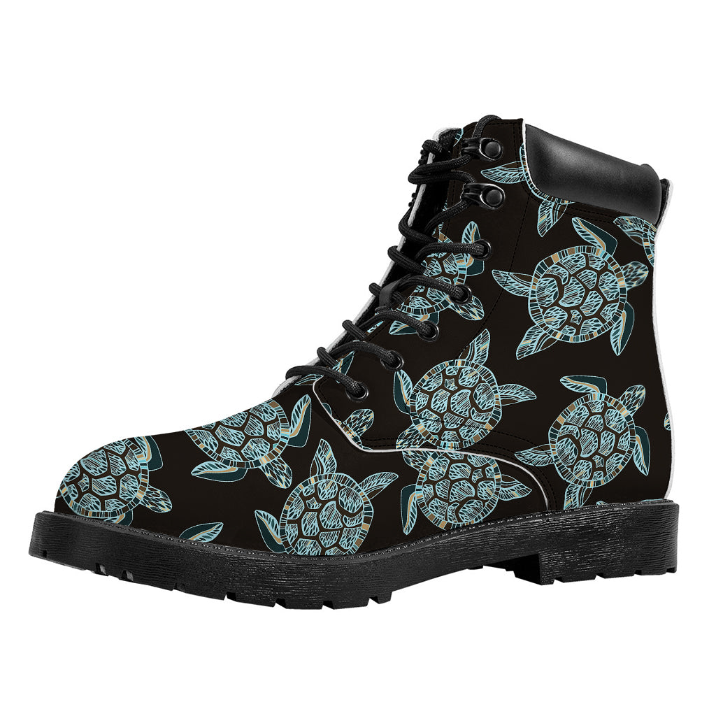 Blue And Black Sea Turtle Pattern Print Work Boots