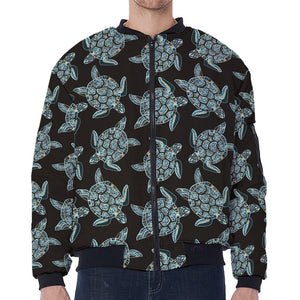 Blue And Black Sea Turtle Pattern Print Zip Sleeve Bomber Jacket