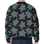 Blue And Black Sea Turtle Pattern Print Zip Sleeve Bomber Jacket