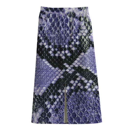 Blue And Black Snakeskin Print Cotton Front Slit Maxi Skirt