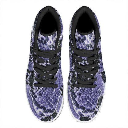 Blue And Black Snakeskin Print High Top Leather Sneakers