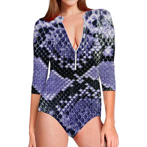 Blue And Black Snakeskin Print Long Sleeve Swimsuit