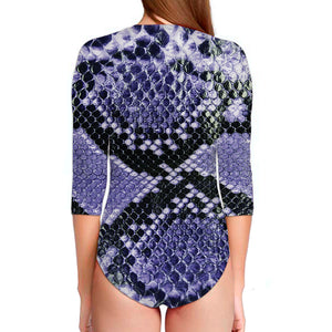 Blue And Black Snakeskin Print Long Sleeve Swimsuit