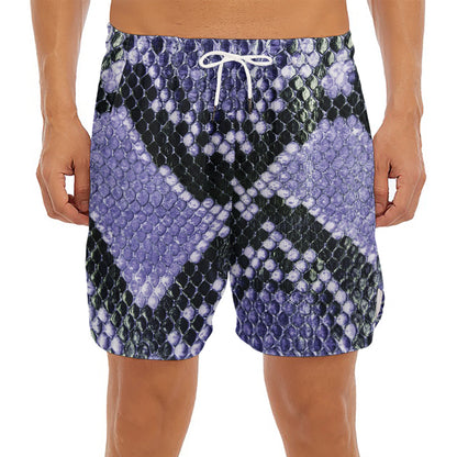 Blue And Black Snakeskin Print Men's Split Running Shorts