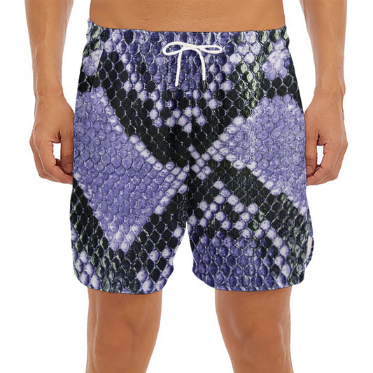 Blue And Black Snakeskin Print Men's Split Running Shorts