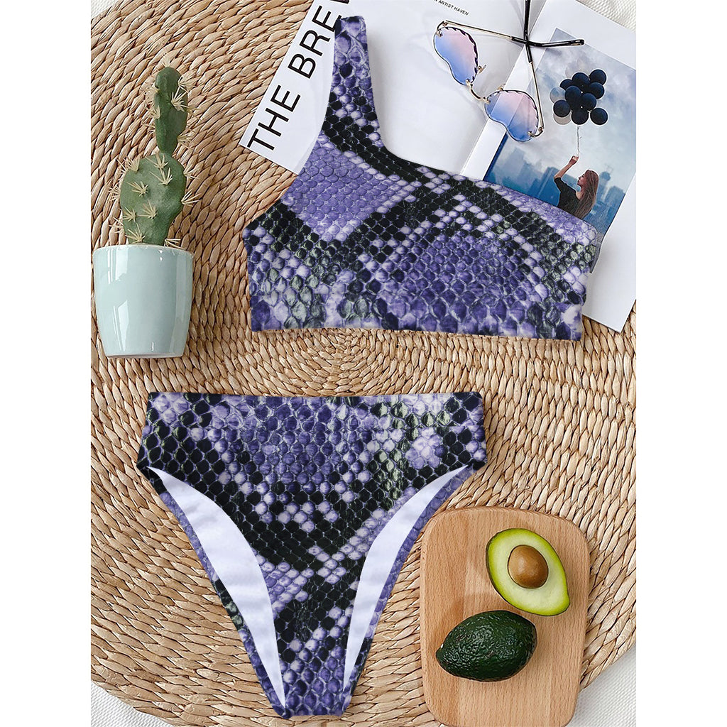 Blue And Black Snakeskin Print One Shoulder Bikini Top