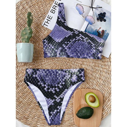 Blue And Black Snakeskin Print One Shoulder Bikini Top