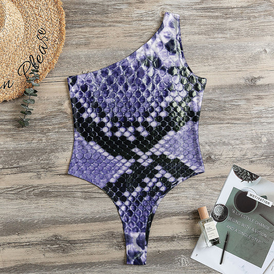 Blue And Black Snakeskin Print One Shoulder Bodysuit