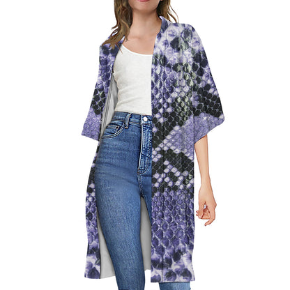 Blue And Black Snakeskin Print Open Front Beach Cover Up