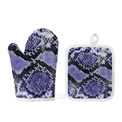 Blue And Black Snakeskin Print Oven Mitt And Pot Holder Set