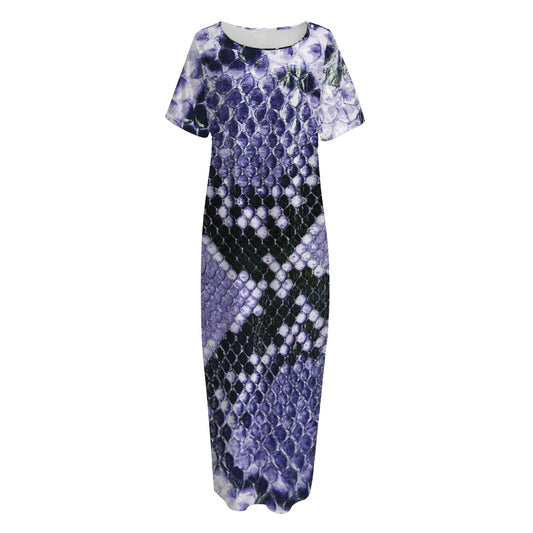 Blue And Black Snakeskin Print Short Sleeve Long Nightdress
