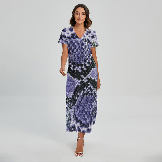 Blue And Black Snakeskin Print Short Sleeve Maxi Dress