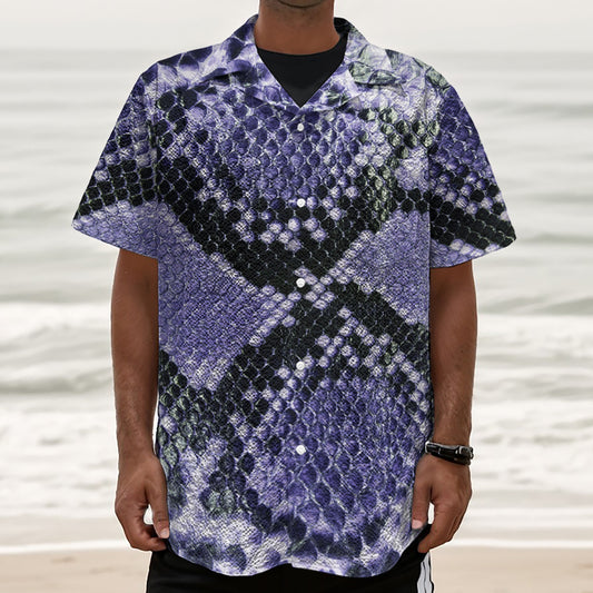 Blue And Black Snakeskin Print Textured Short Sleeve Shirt
