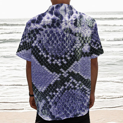 Blue And Black Snakeskin Print Textured Short Sleeve Shirt