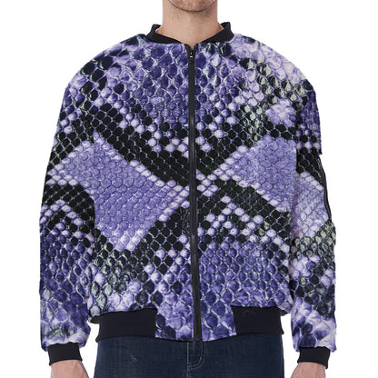 Blue And Black Snakeskin Print Zip Sleeve Bomber Jacket