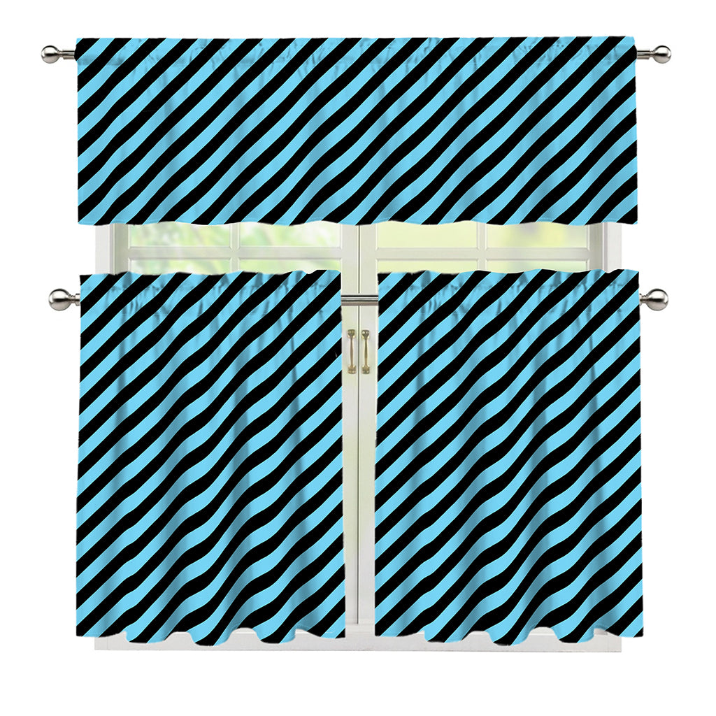 Blue And Black Stripes Pattern Print 3 Piece Kitchen Curtains