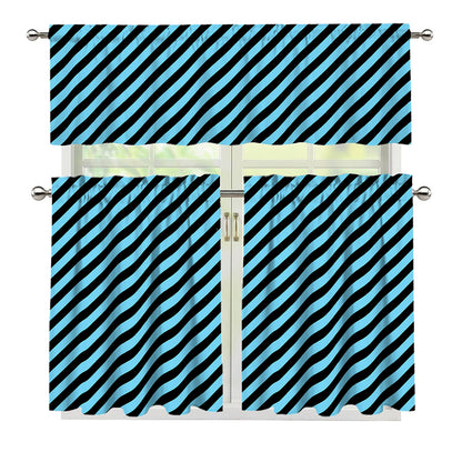Blue And Black Stripes Pattern Print 3 Piece Kitchen Curtains