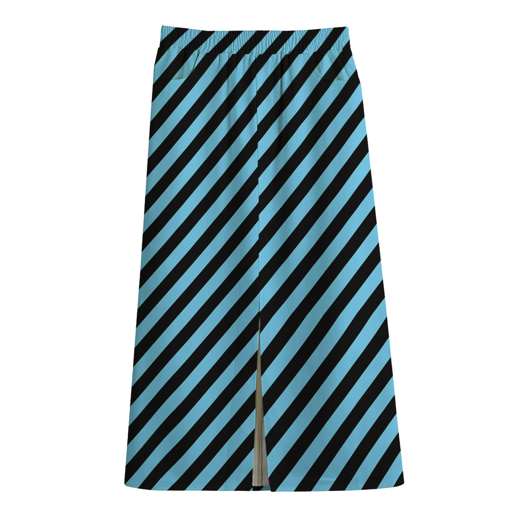 Blue And Black Stripes Pattern Print Cotton Front Slit Maxi Skirt