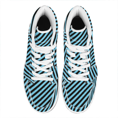 Blue And Black Stripes Pattern Print High Top Leather Sneakers