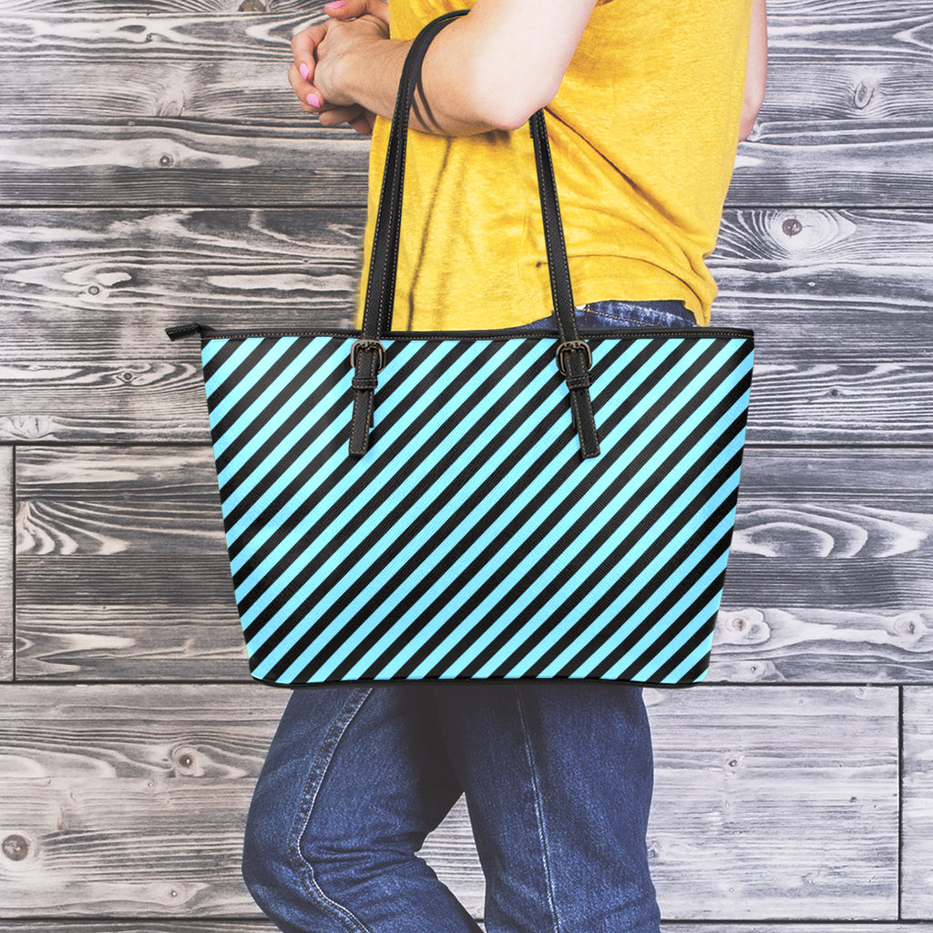 Blue And Black Stripes Pattern Print Leather Tote Bag