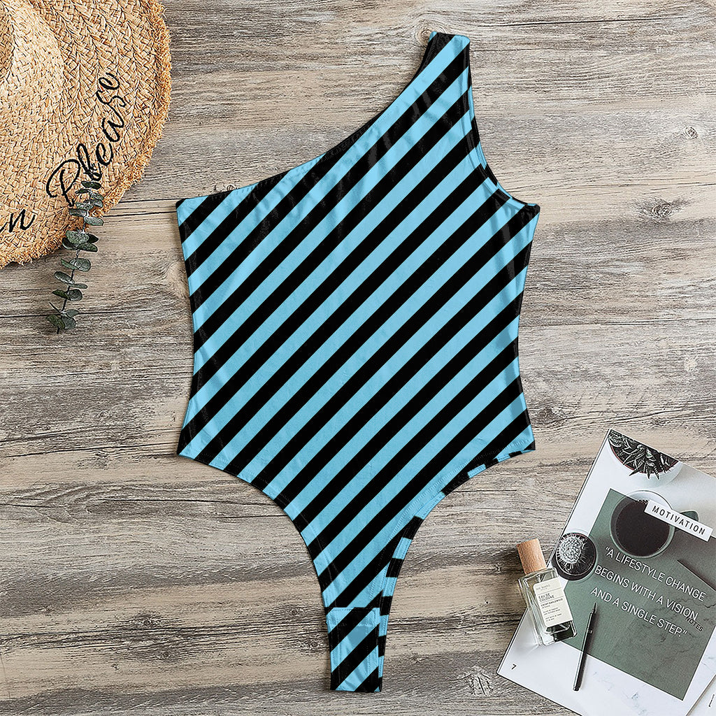 Blue And Black Stripes Pattern Print One Shoulder Bodysuit