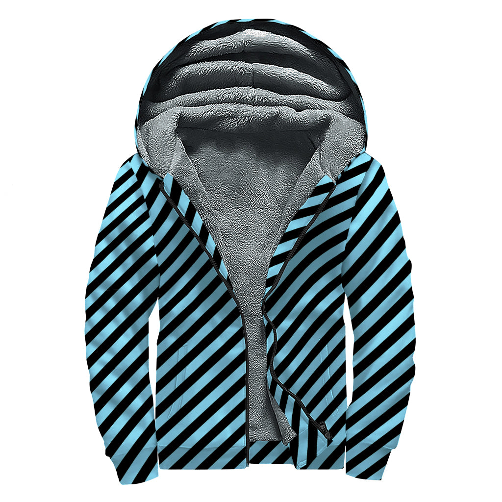 Blue And Black Stripes Pattern Print Sherpa Lined Zip Up Hoodie