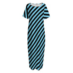 Blue And Black Stripes Pattern Print Short Sleeve Long Nightdress