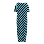 Blue And Black Stripes Pattern Print Short Sleeve Long Nightdress