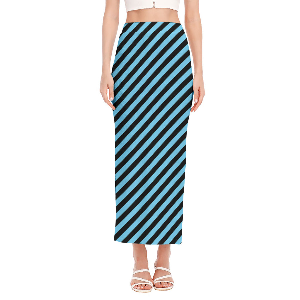 Blue And Black Stripes Pattern Print Side Slit Maxi Skirt