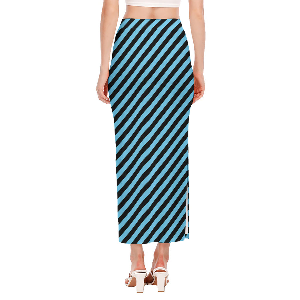 Blue And Black Stripes Pattern Print Side Slit Maxi Skirt