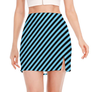 Blue And Black Stripes Pattern Print Side Slit Mini Skirt