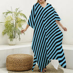 Blue And Black Stripes Pattern Print Silk V-Neck Kaftan Dress