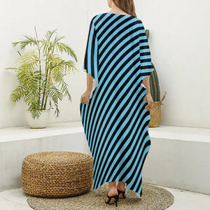 Blue And Black Stripes Pattern Print Silk V-Neck Kaftan Dress