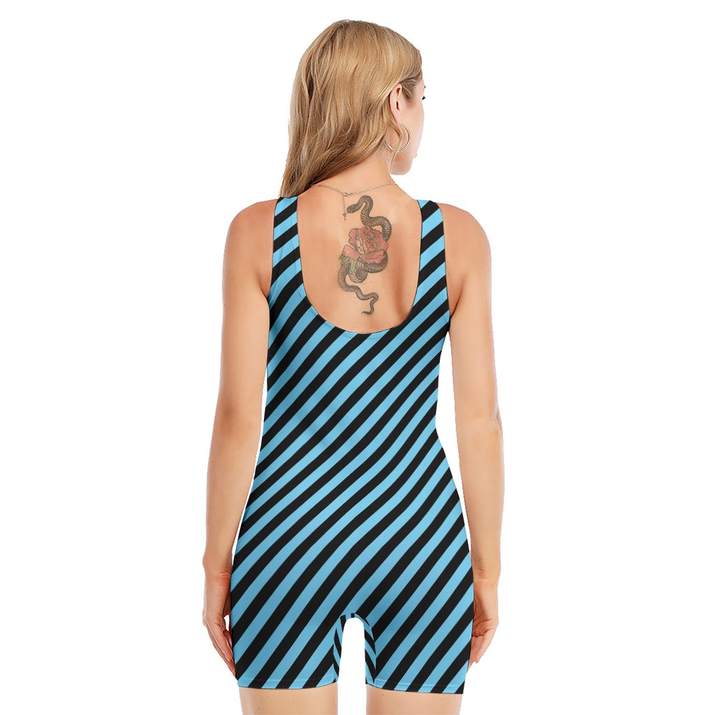 Blue And Black Stripes Pattern Print Sleeveless One Piece Swimsuit