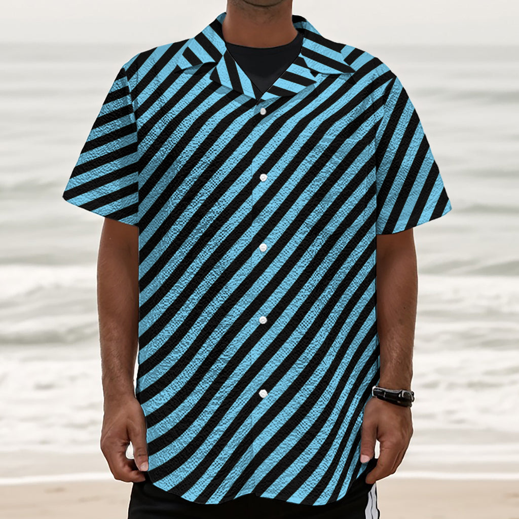 Blue And Black Stripes Pattern Print Textured Short Sleeve Shirt