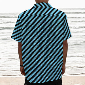 Blue And Black Stripes Pattern Print Textured Short Sleeve Shirt