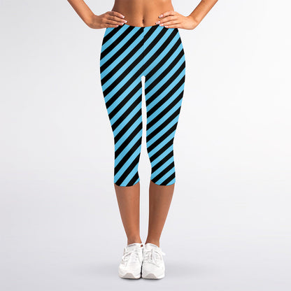 Blue And Black Stripes Pattern Print Women's Capri Leggings