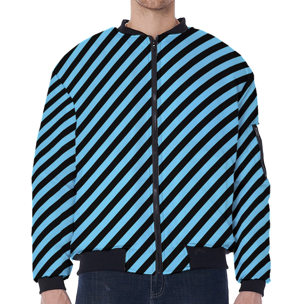 Blue And Black Stripes Pattern Print Zip Sleeve Bomber Jacket