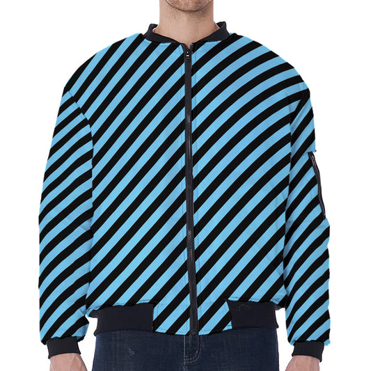Blue And Black Stripes Pattern Print Zip Sleeve Bomber Jacket