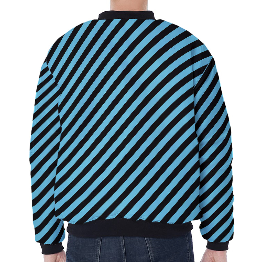 Blue And Black Stripes Pattern Print Zip Sleeve Bomber Jacket