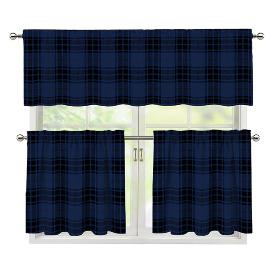 Blue And Black Tartan Pattern Print 3 Piece Kitchen Curtains