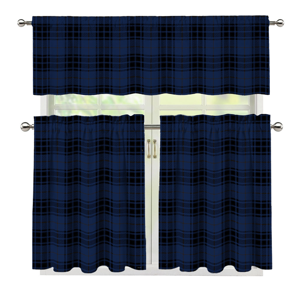 Blue And Black Tartan Pattern Print 3 Piece Kitchen Curtains