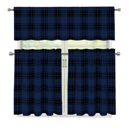 Blue And Black Tartan Pattern Print 3 Piece Kitchen Curtains