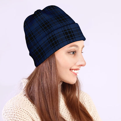 Blue And Black Tartan Pattern Print Beanie