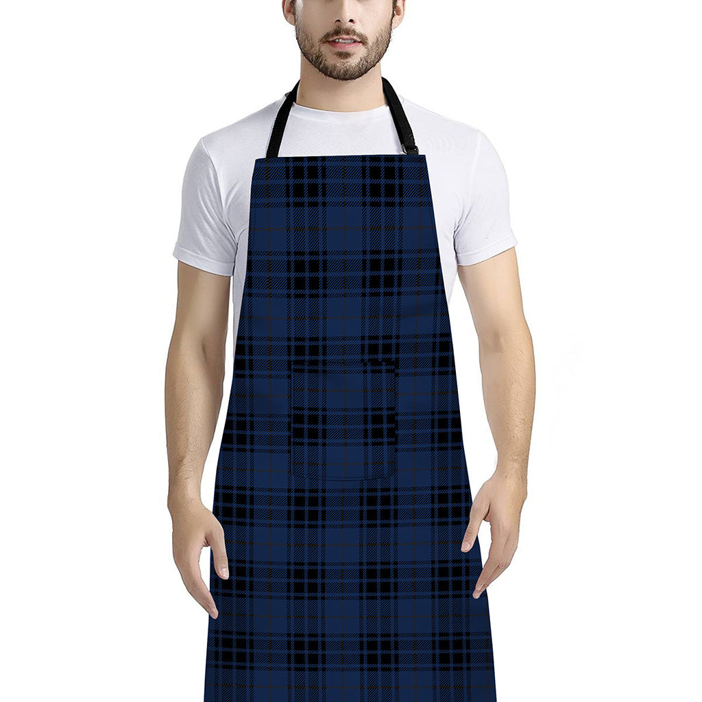 Blue And Black Tartan Pattern Print Bib Apron With Pocket