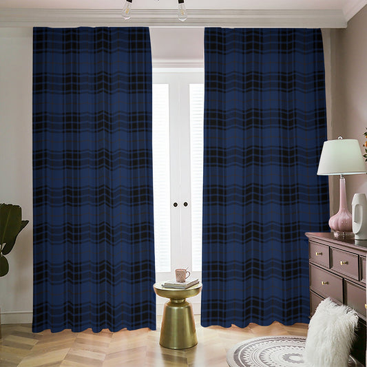 Blue And Black Tartan Pattern Print Blackout Pencil Pleat Curtains