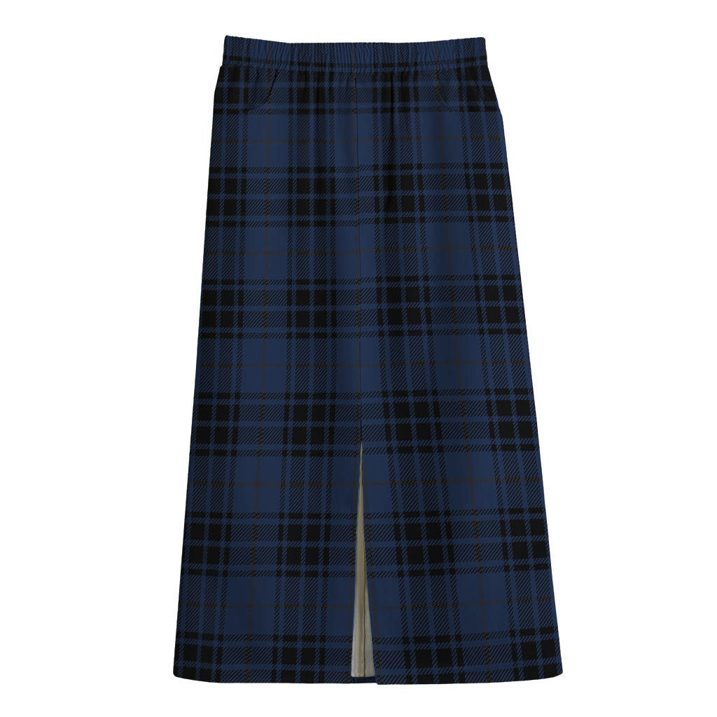 Blue And Black Tartan Pattern Print Cotton Front Slit Maxi Skirt